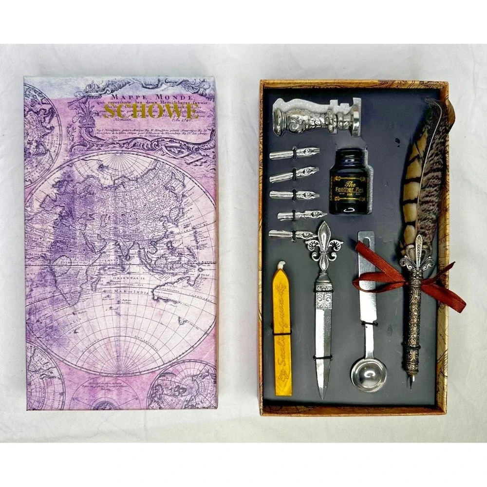 Calligraphy Set Feather Quill Dip Pen Ink 17 Nibs Wax Stamp Letter Opener